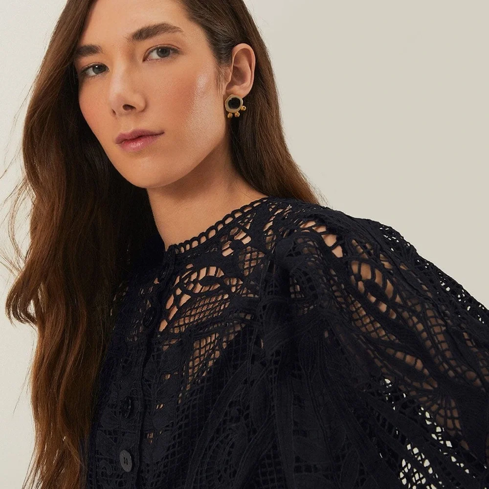 FARM Rio Black Guipire Puff Sleeve Blouse